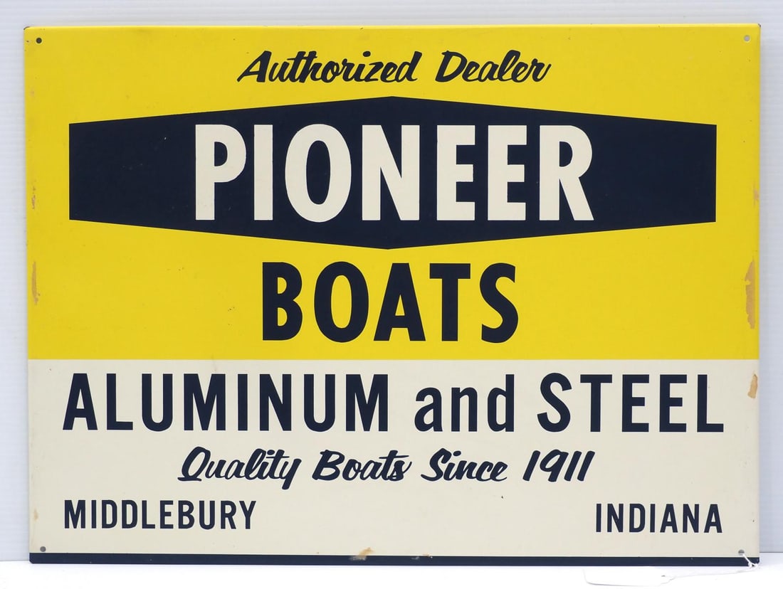 Pioneer Aluminum & Steel Boats sign: NOS 23"x17" SST Pioneer Aluminum & Steel Boats sign from Middlebury, IN, WOW! - Very Good