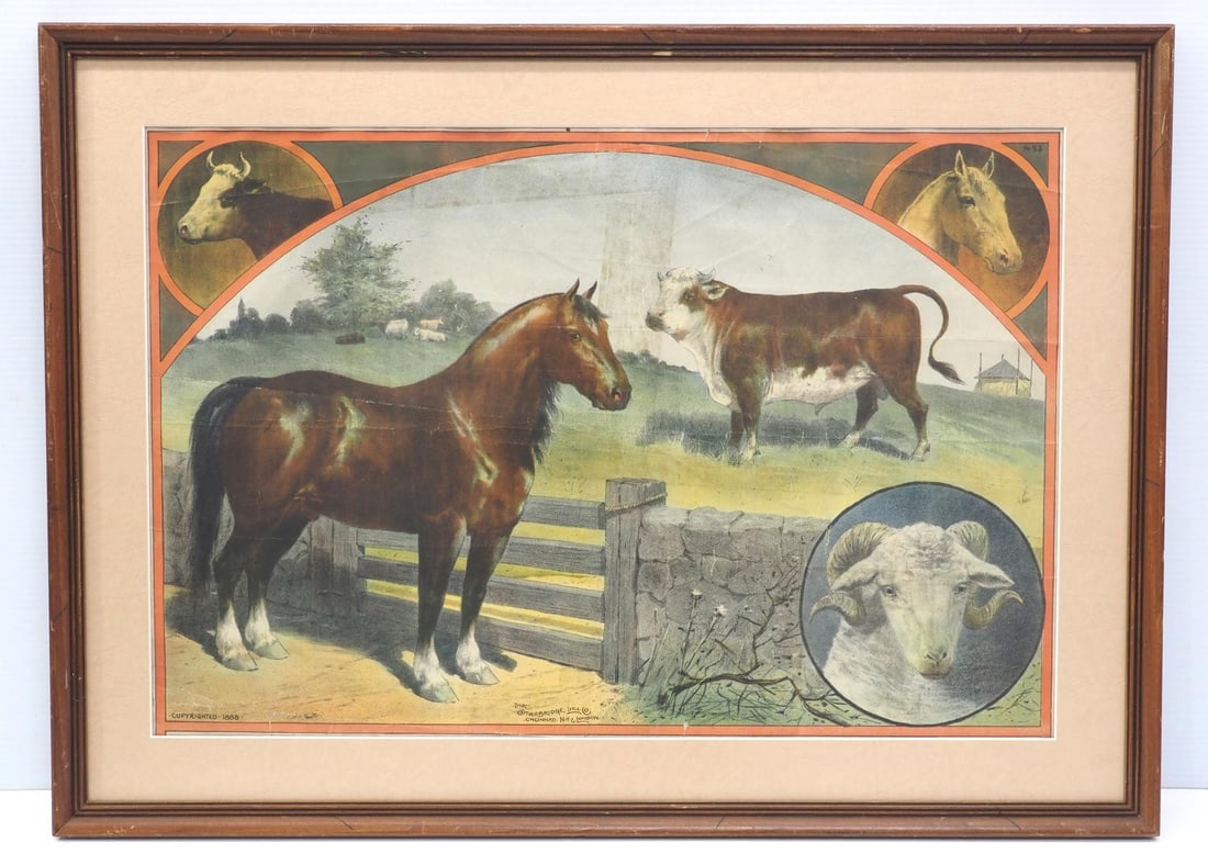 Framed lithograph of horses, cows & sheep (1 of 3)