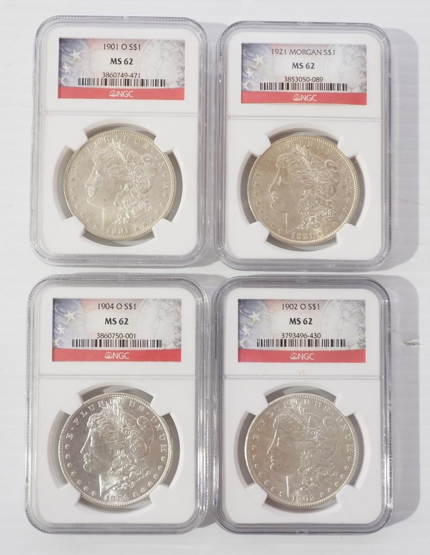 (4) MS-62 grade Morgan dollars: (4) MS-62 grade Morgan dollars: 1901-O / 1904-O / 1902-O / 1921 - sells as one money!