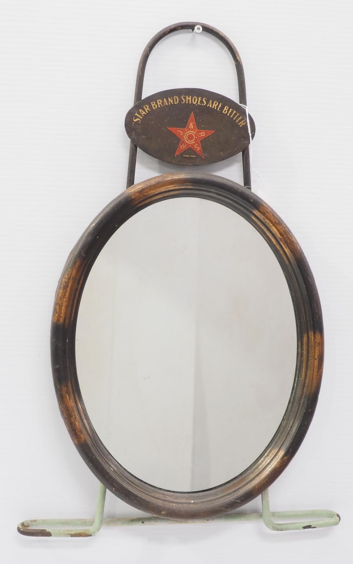 Star Brand Shoes advertising mirror: Star Brand Shoes wall-mount advertising mirror, 14"W x 22"H overall - Very Good