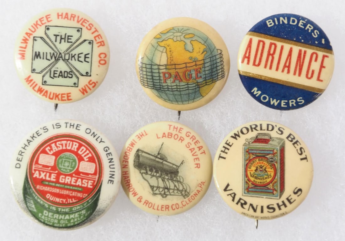 (6) Small advertising pinbacks (1 of 2)