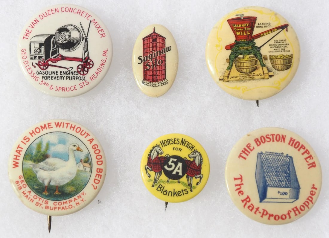 (6) Small advertising pinbacks (1 of 2)