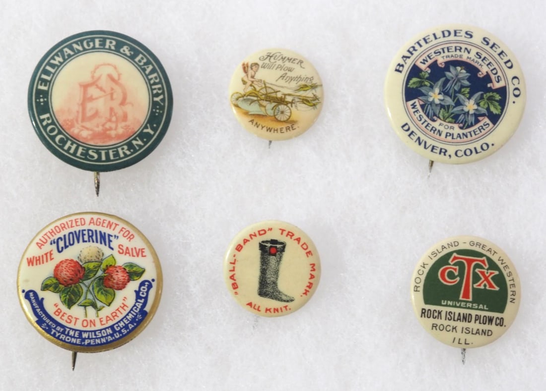 (6) Small advertising pinbacks (1 of 2)