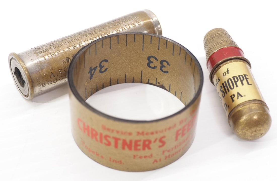 (3) Advertising pieces: (3) Advertising pieces: sewing kit from The Frances Shoppe, Clearfield PA / tire gauge for Fort Wayne IN / roll-up ruler for Christner's Feed Mill, Topeka IN