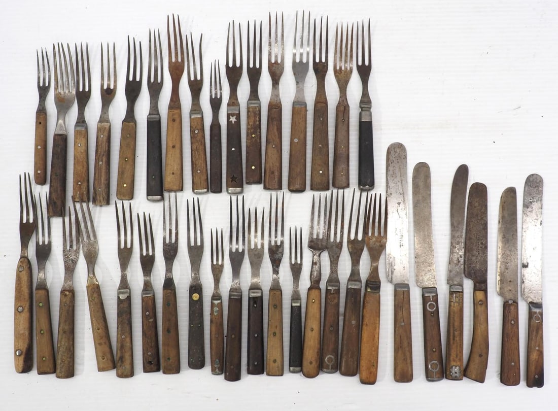 (39) Pieces wood handled silverware: (39) Pieces wood handled silverware from Civil War era