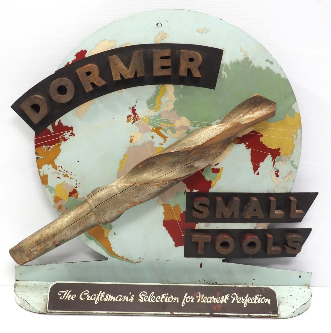 Dormer Small Tools stand-up sign: 28"x26" masonite Dormer Small Tools stand-up sign with large wooden drill bit - Fair
