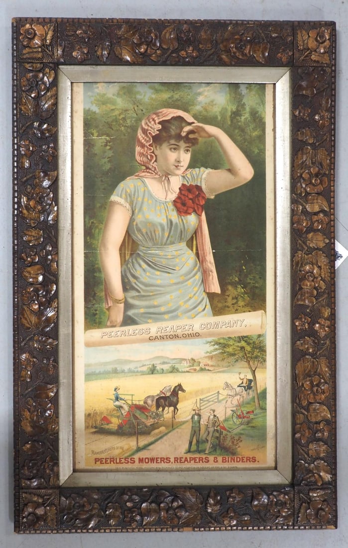 Peerless Mowers, Reapers & Binders sign: 24"x37" framed paper Peerless Mowers, Reapers & Binders sign, marked Canton, OH - Fair with minor tears & some creases