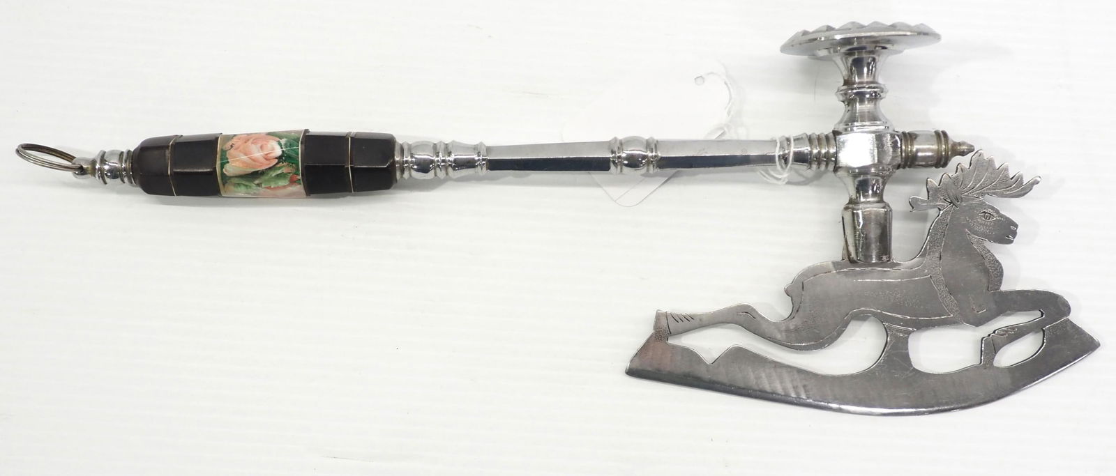 Fancy meat cleaver with engraved stag on blade: Fancy meat cleaver with engraved stag on blade and handle made by Russian prisoners, 15"L overall