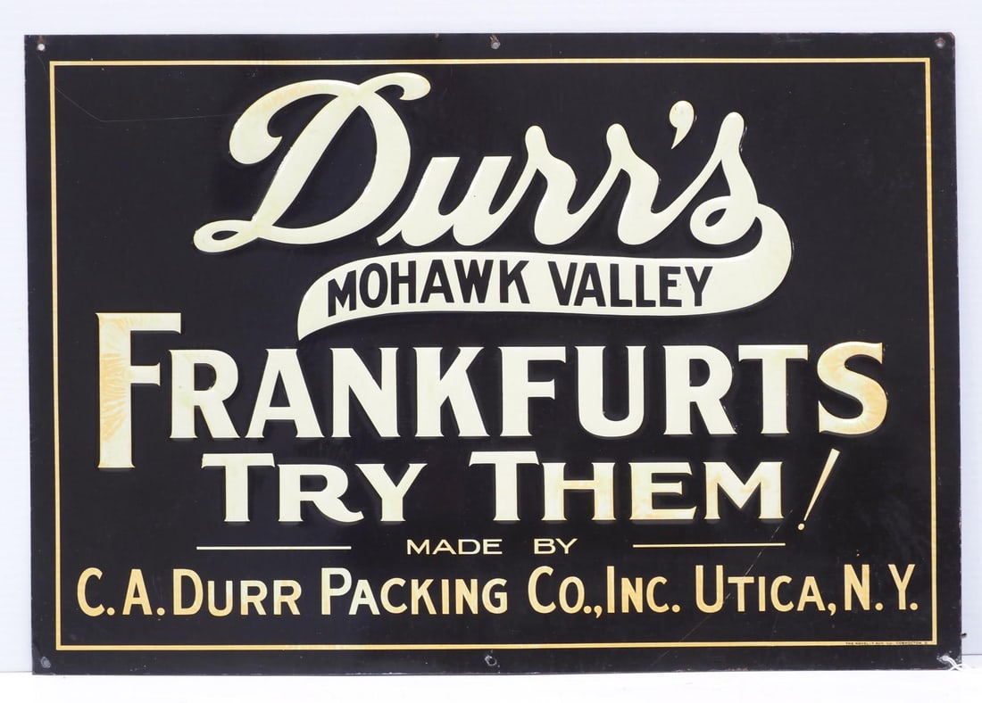 Durr's Franfurts sign: NOS 20"x13.5" SST Durr's Franfurts sign - Very Good