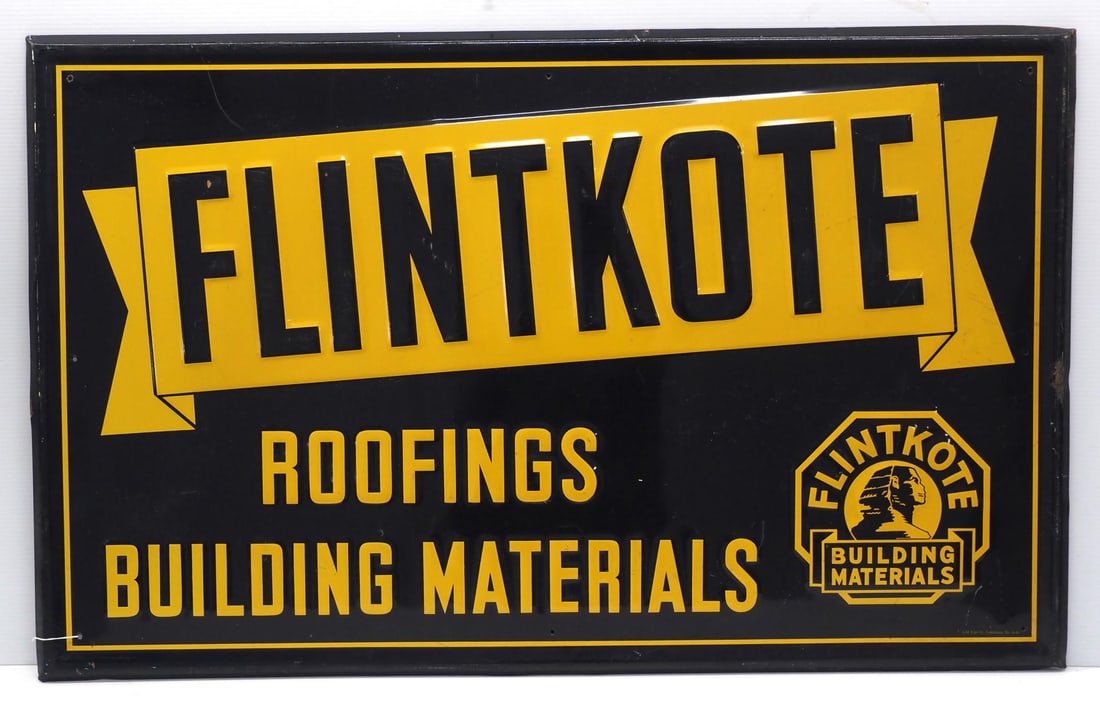 Flintkote Roofings & Building Materials sign: 48"x30" SST embossed Flintkote Roofings & Building Materials sign, marked A-M 8-48 - Good with scratches