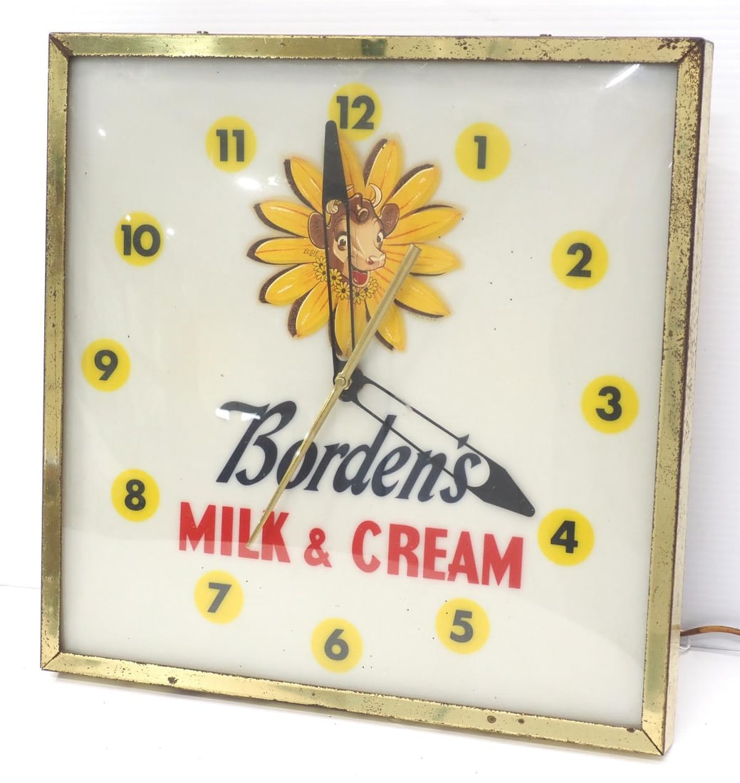 Borden's Milk & Cream lighted bubble clock: 15"x15" metal & glass Borden's Milk & Cream lighted bubble clock - Good, works, frame as lots of wear * * This lot will be delivered to the UPS Store for professional packing and shipping. Call 574-26