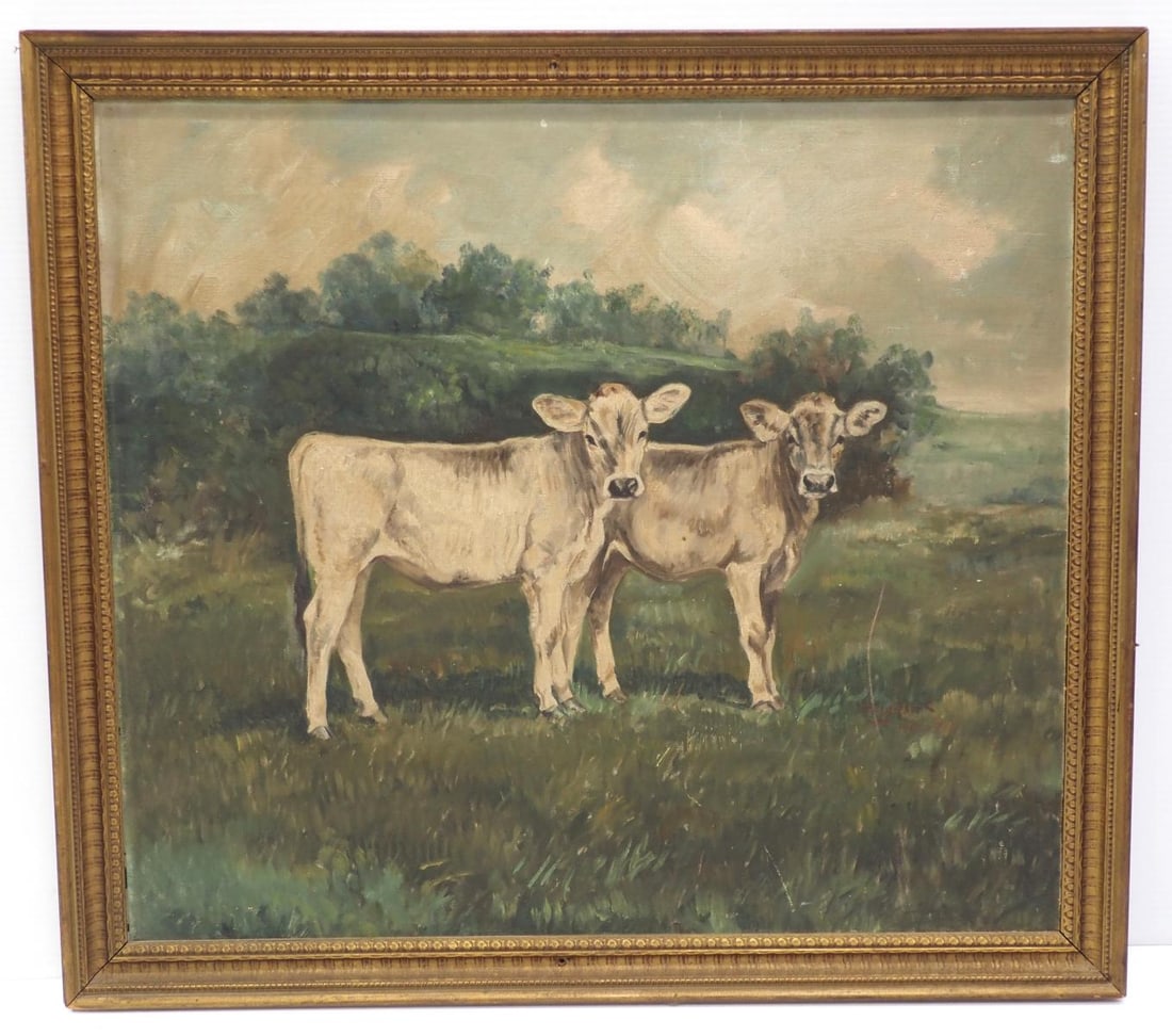 Original painting of 2 white calves: Original painting of 2 white calves in pastoral scene, canvas mounted on board, signed by artist, frame measures 26"x24"