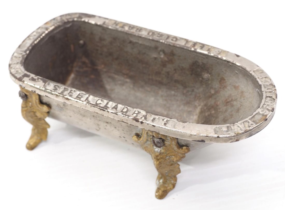 Salesman sample Steel Clad Bath tub: Salesman sample nickel-plated Steel Clad Bath tub, marked Booth's Pat. Detroit, Mich.5.5"x2.75"x2"H - Good, some nickel-plating coming off