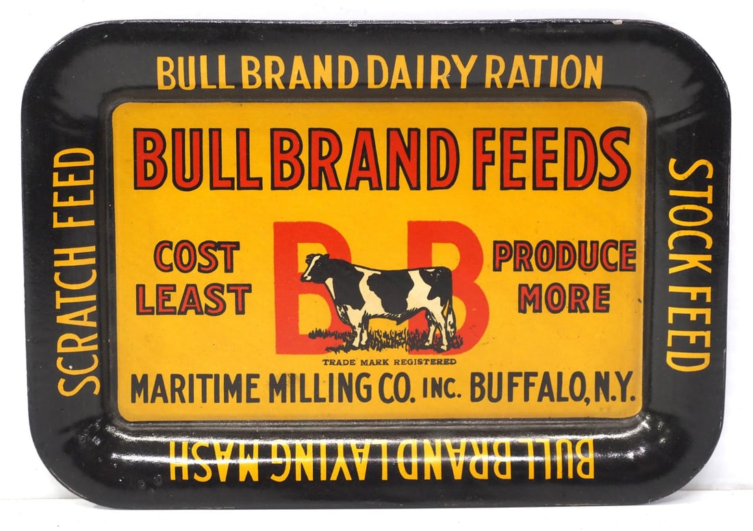 Bull Brand Feeds tin tip tray: Bull Brand Feeds tin tip tray for Maritime Milling Co., Buffalo, NY, 6.5"x4.5"