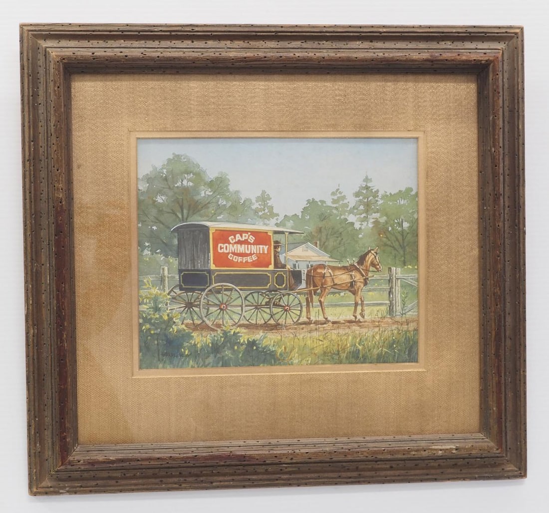 Cap's Coffee horse-drawn wagon painting: Framed original watercolor of Cap's Community Coffee horse-drawn wagon, by Harrel Gray, frame measures 20"x18.5" - Excellent