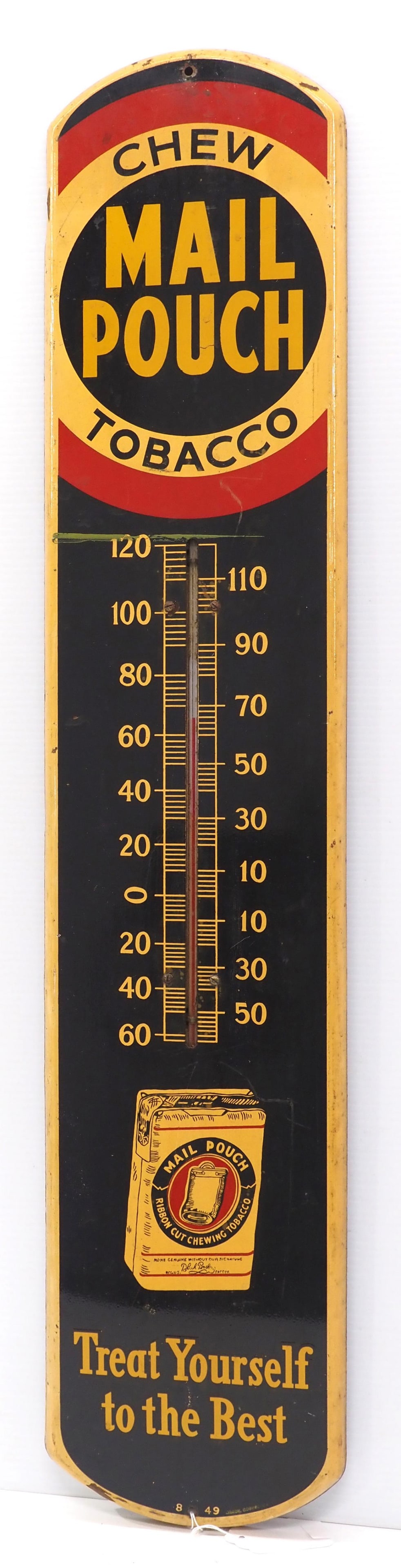 Mail Pouch Tobacco thermometer: 8"x39" SST Mail Pouch Tobacco thermometer, marked 8-49 Coshocton - Good