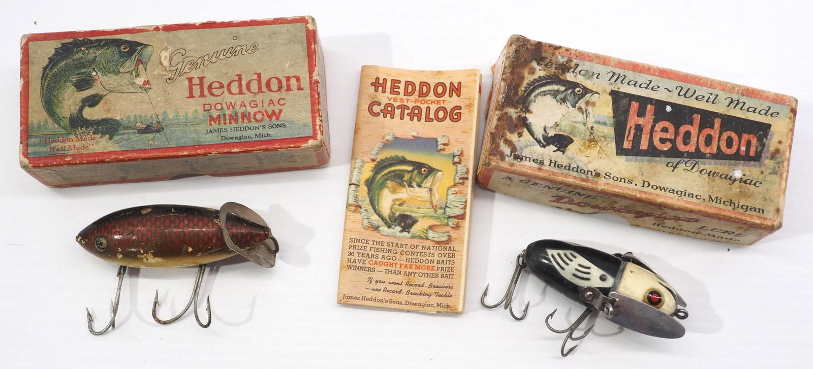 (2) Heddon fishing lures: #2120 Heddon Crazy Crawler with box & catalog -lure is Excellent / Heddon Baby Crab Wriggler Red Scale in a #9101 box -lure is Fair