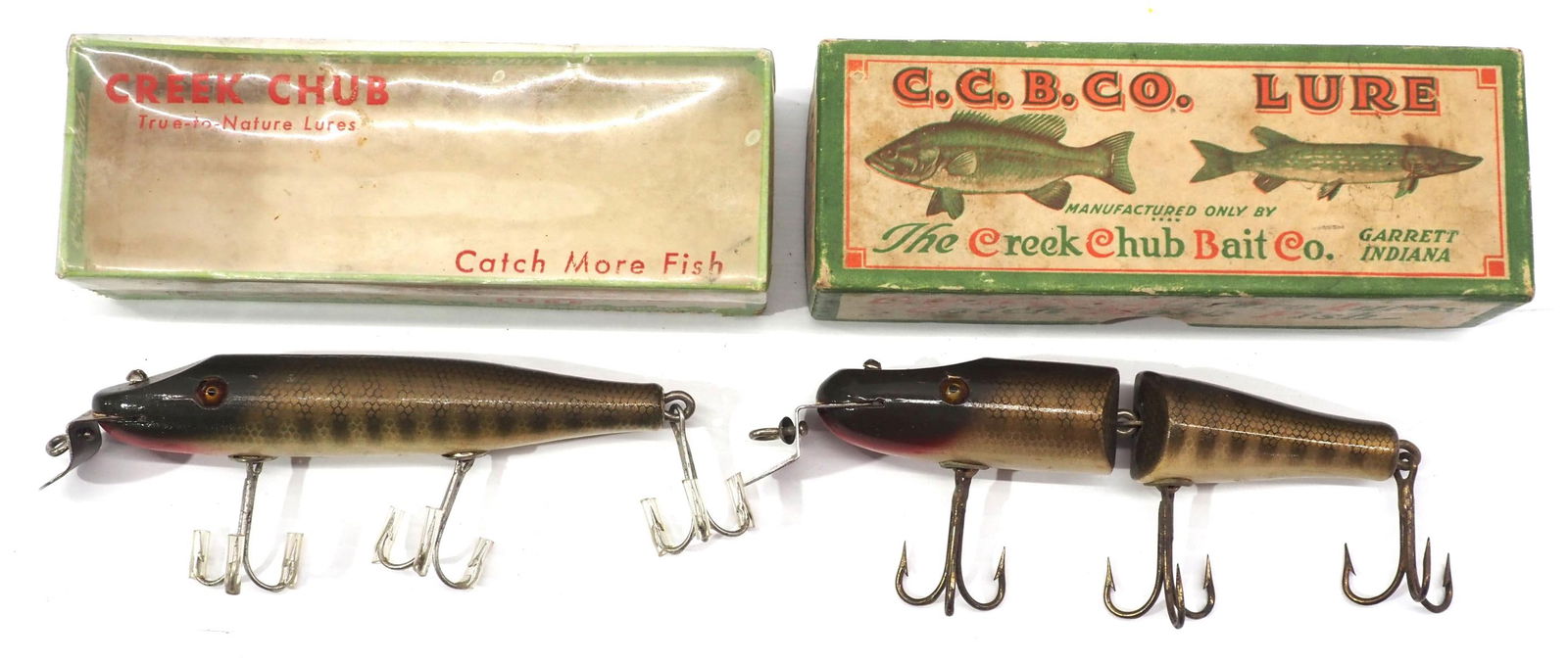 (2) Creek Chub fishing lures: #2600 Creek Chub Jointed Pikie Minnow with box -lure is Excellent / #700 Creek Chub Pikie Minnow with box -Excellent