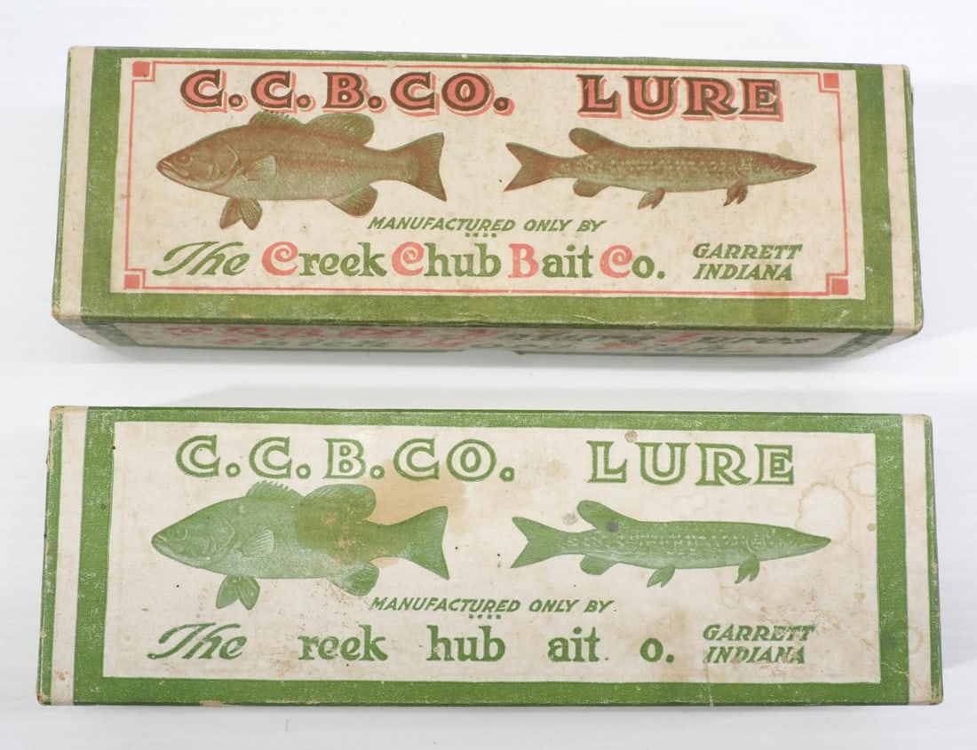 (2) Creek Chub lure boxes: #2318 Creek Chub Husky Pikie Silver Flash empty box / #3401 Creek Chub Snook Pikie Perch Finish empty box - both Good