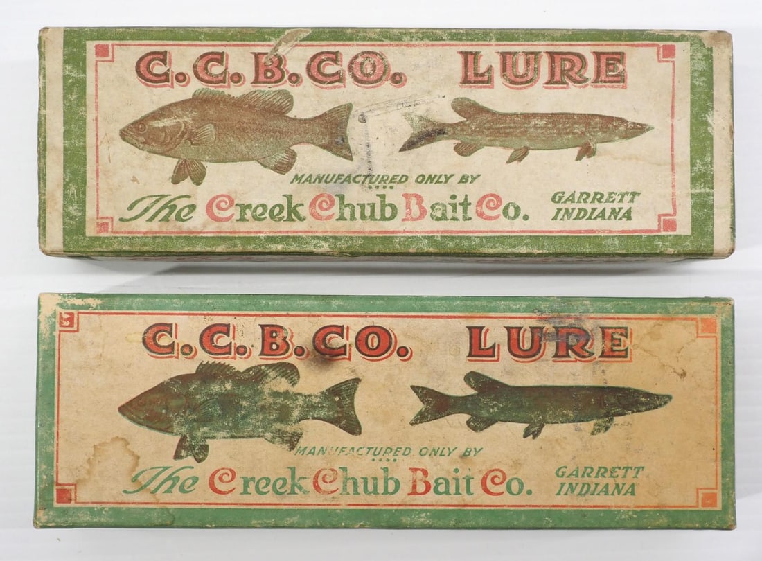 (2) Creek Chub lure boxes: #2302 Creek Chub Husky Pikie White & Red empty box / #5502 Creek Chub Jointed Red & White Snook Pikie empty box - both Good
