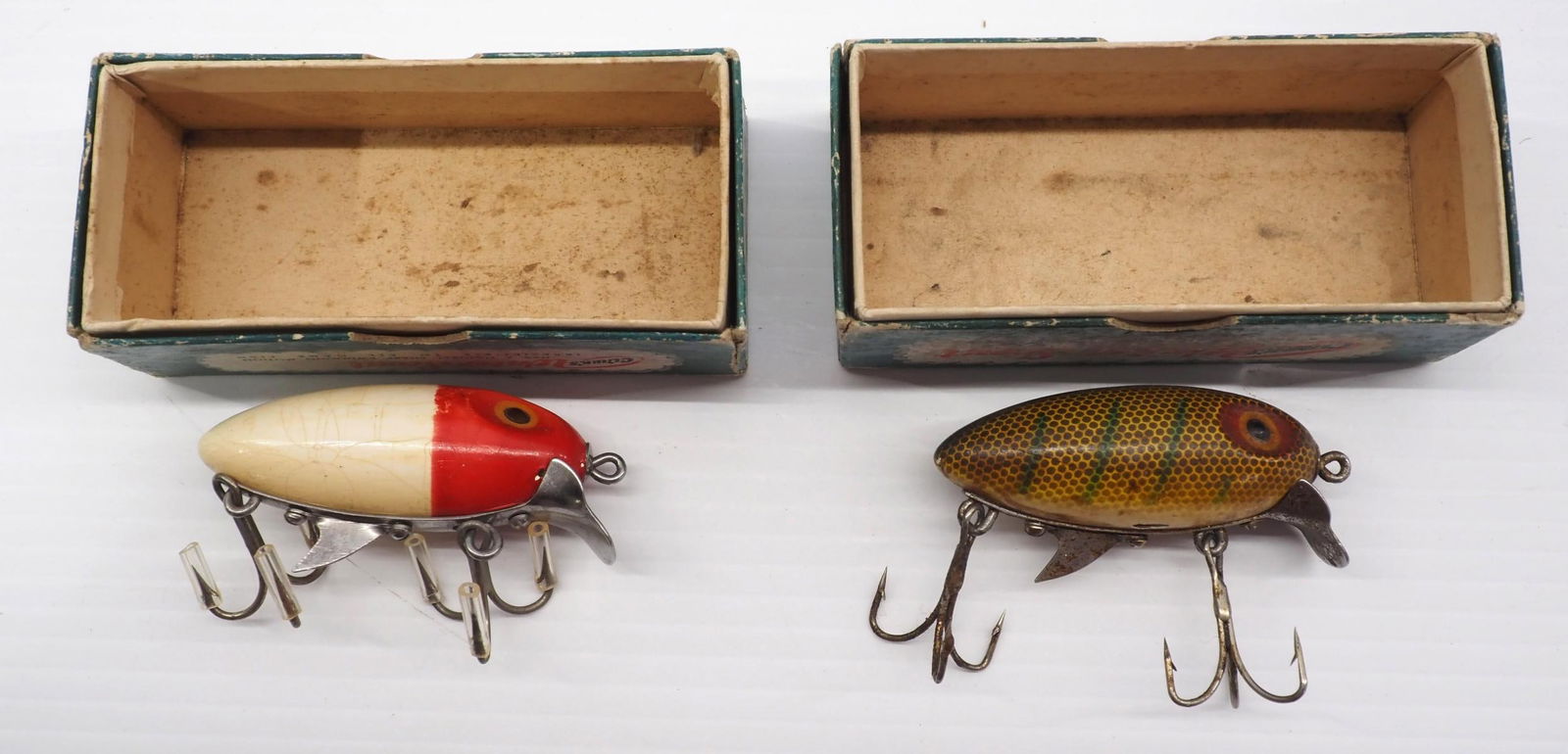 (2) Clark Water Scouts: (2) Clark Water Scouts, wooden with boxes, one is red & white, the other is Perch? colored - Excellent