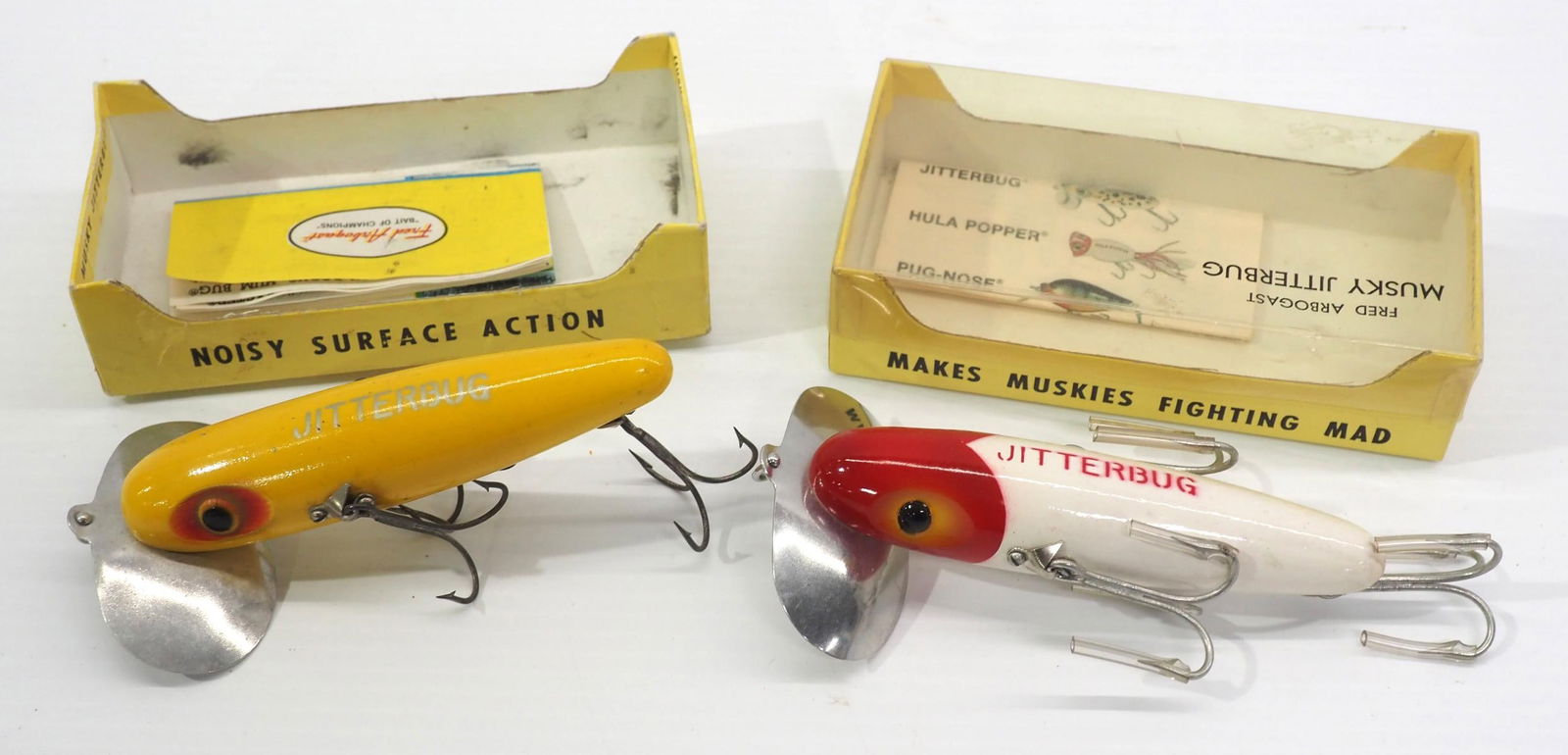 (2) #700 Fred Arbogast Musky Jitterbugs: (2) #700 Fred Arbogast Musky Jitterbugs: red & white -NIB / yellow -lure is Excellent, box has no lid
