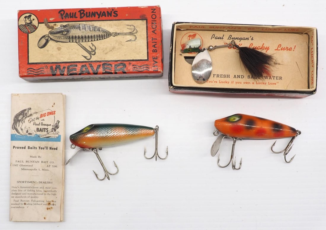(3) Paul Bunyan lures: (3) Paul Bunyan lures: Weaver Orange Spotted -VG / Weaver with paperwork -NIB / 66 Lucky -NIB VG