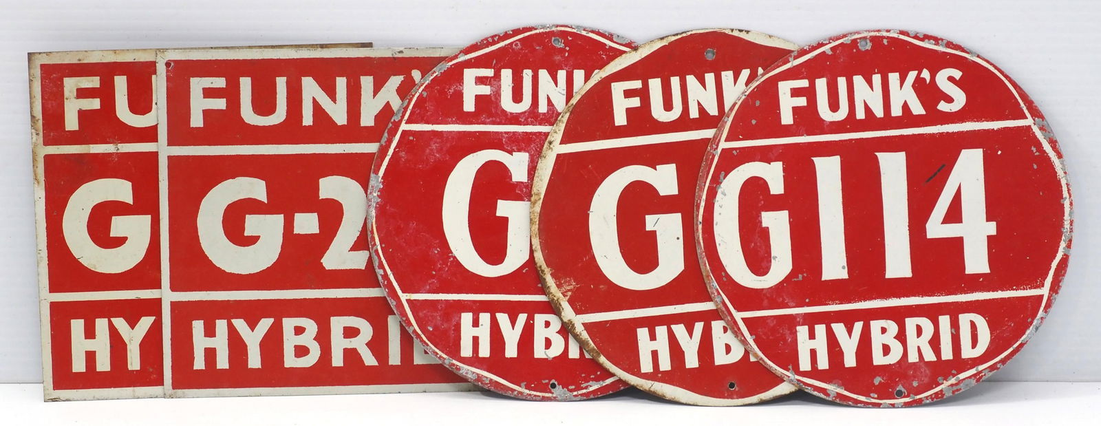 (5) Funk's G Hybrid 1-sided tin plot signs: (5) Funk's G Hybrid 1-sided tin plot signs, 6.5"x7" and 7.5"dia. - Fair to Good
