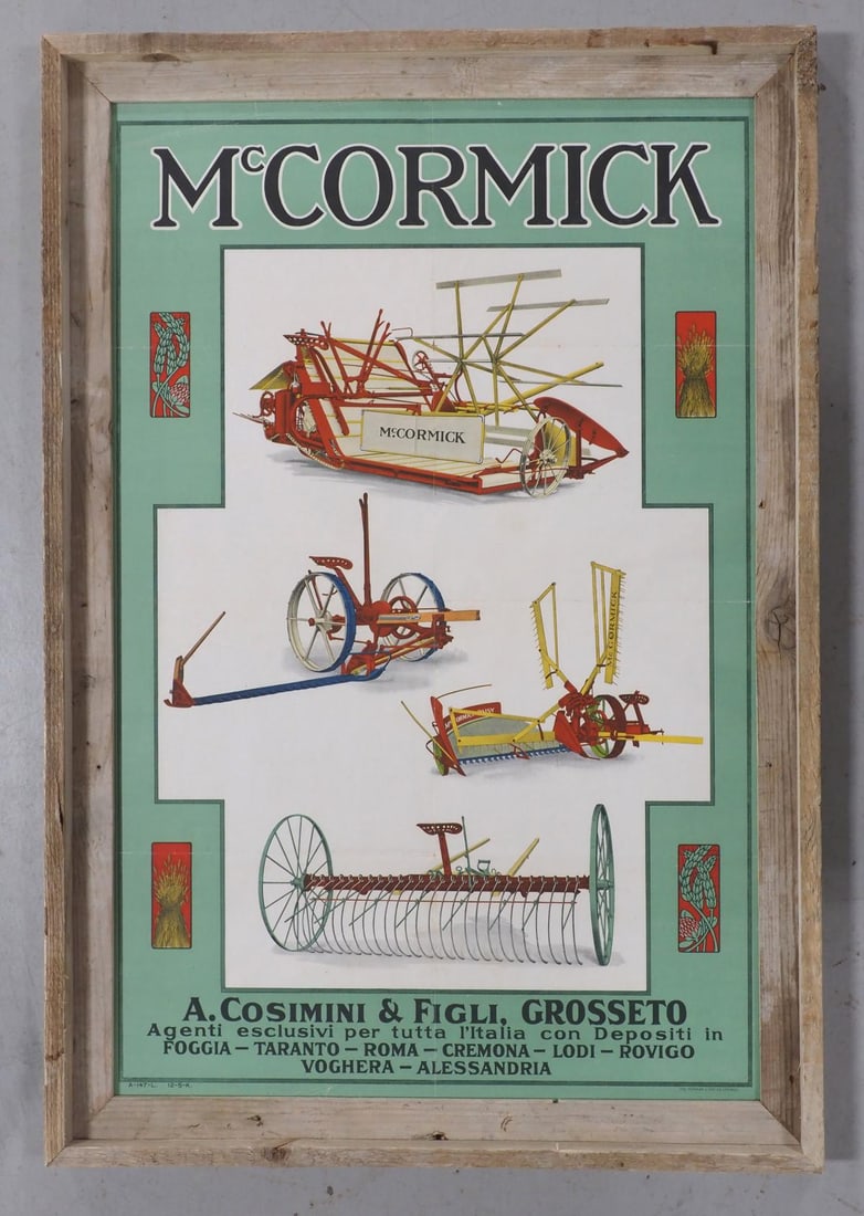 Framed paper litho for McCormick dealer: Framed paper litho for McCormick dealer A. Cosimini & Figli, Grosseto (Italy) with great color!, marked Herman Litho Co. Chicago, frame measures 23"x33" - Excellent with creases from folding