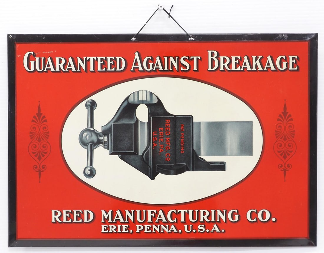 Reed Manufacturing Co. sign: NOS 19"x13" tin over cardboard Reed Manufacturing Co. sign - Excellent, has 3" scuff mark