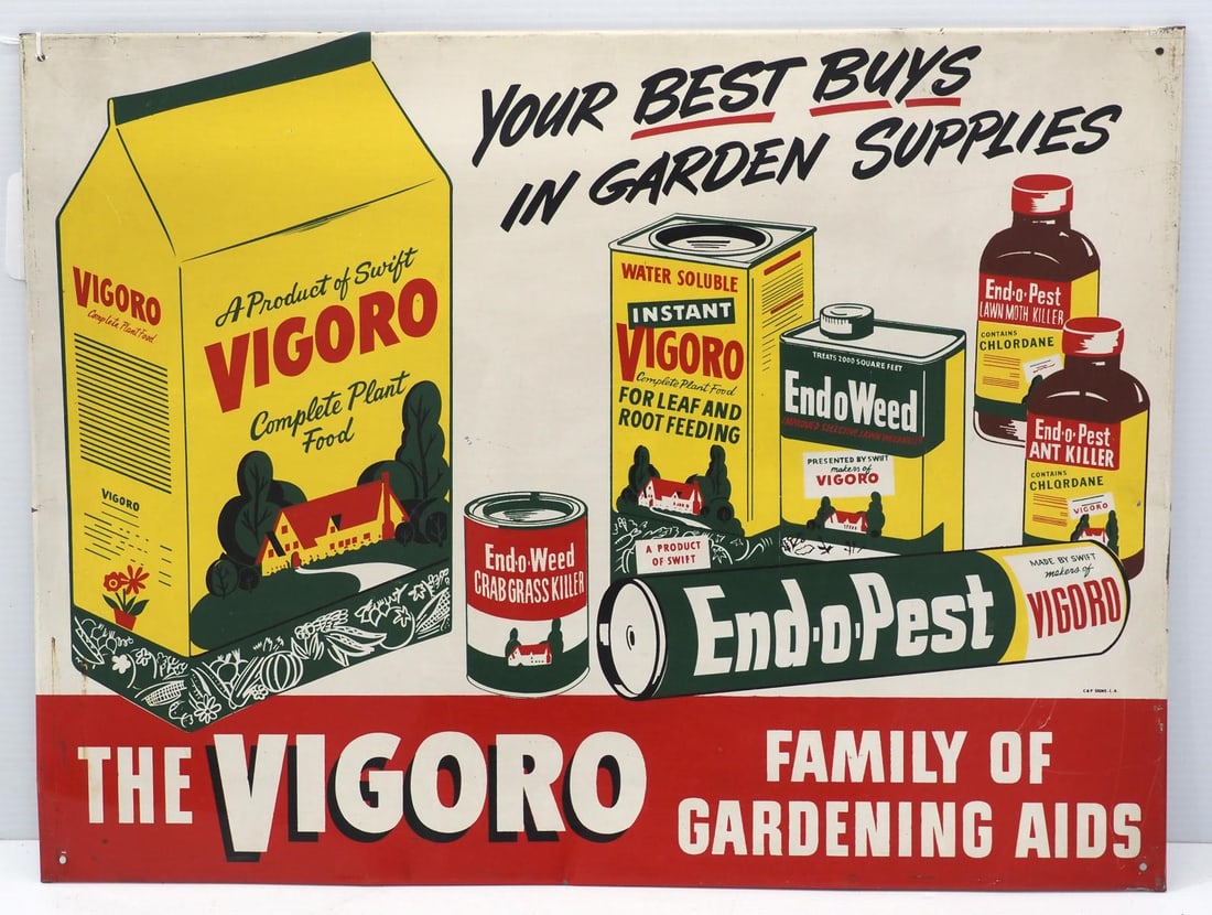 Vigoro Gardening Aids sign: 24"x18" SST Vigoro Gardening Aids sign, marked C&P Signs, L.A. - Very Good