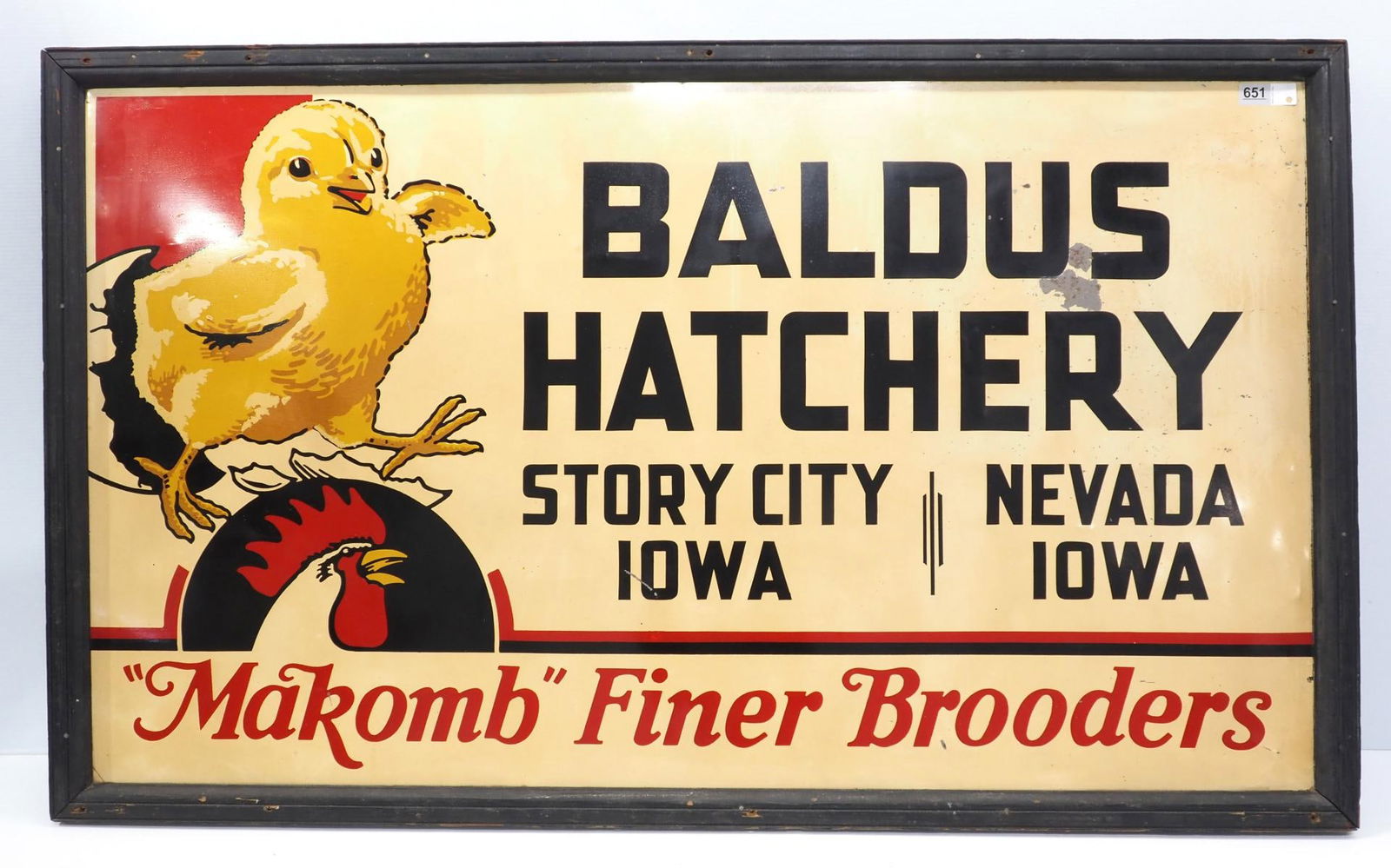 Makomb Finer Brooders dealer sign: 5'x3' SST Makomb Finer Brooders dealer sign for Baldus Hatchery, in wood frame - Fair with paint flaking & scratches