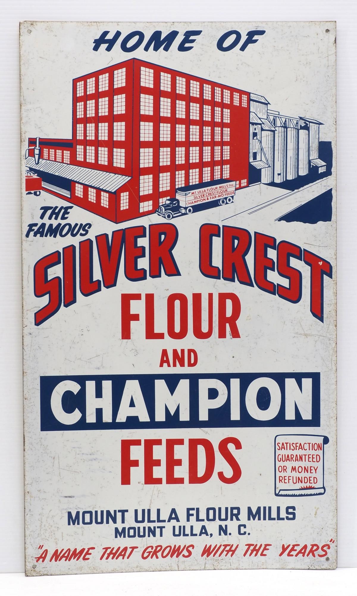 Silver Crest Flour and Champion Feeds sign: 16"x28" SST Silver Crest Flour and Champion Feeds sign with great graphics - Good