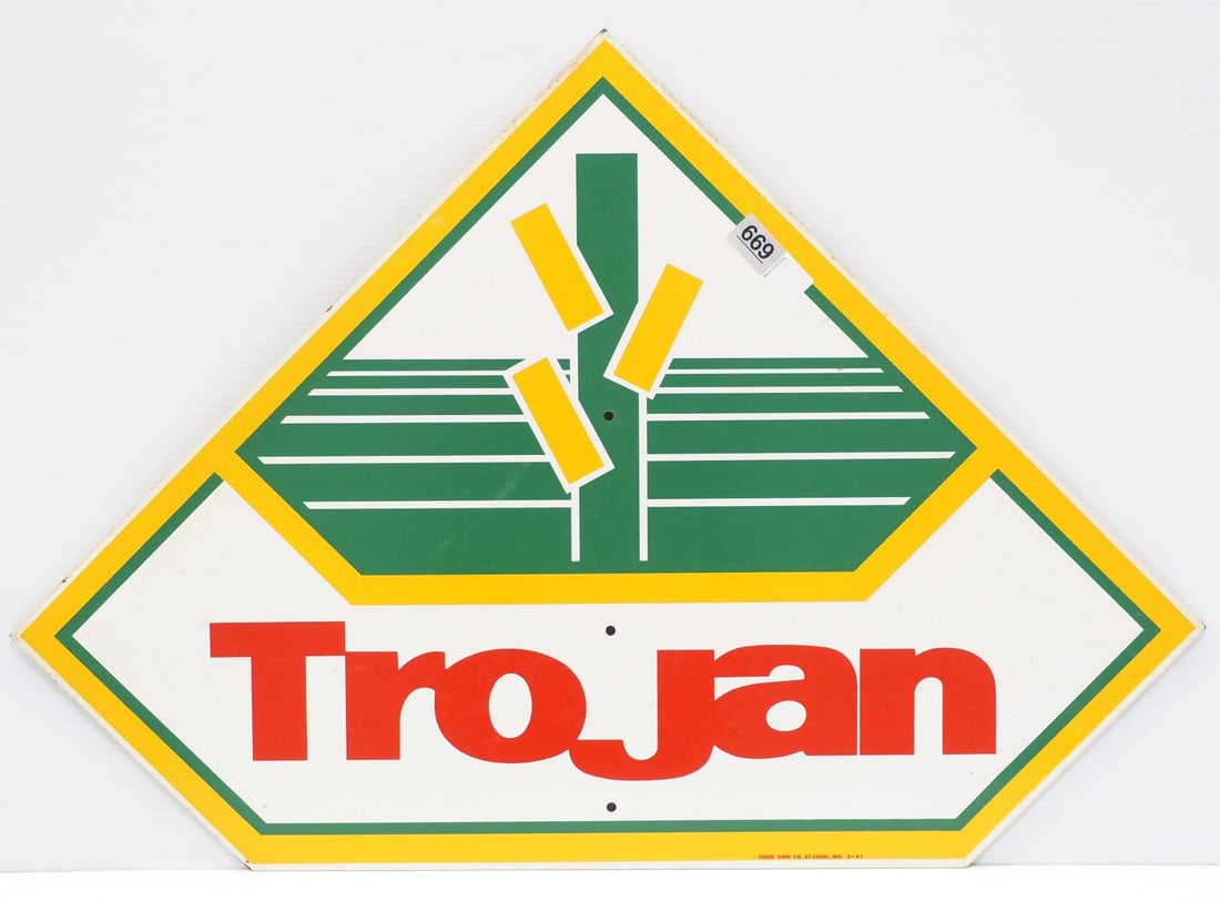 Trojan seed corn sign: 33.5"x23.5" 2-sided masonite Trojan seed corn sign, marked Press Sign Co. 5-81 - Very Good