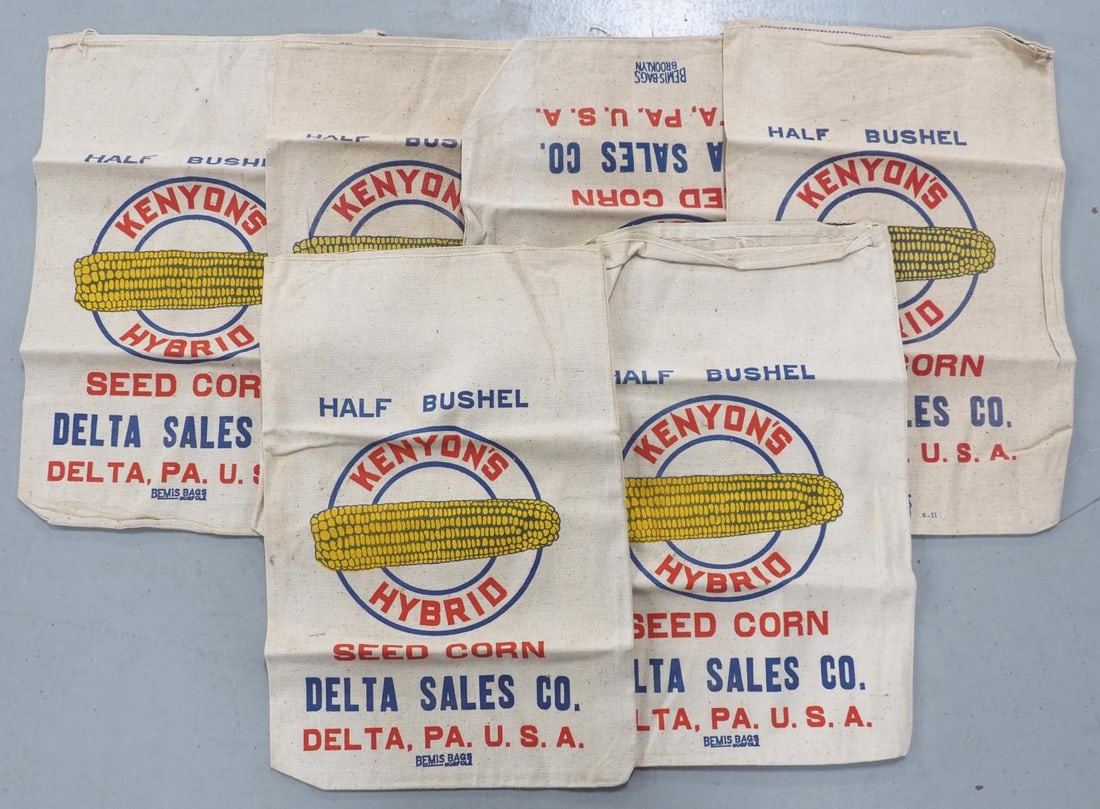 (6) Cloth seed bags: (6) Cloth seed bags for Kenyon's Hybrid Seed Corn, Delta, PA with great color - Great