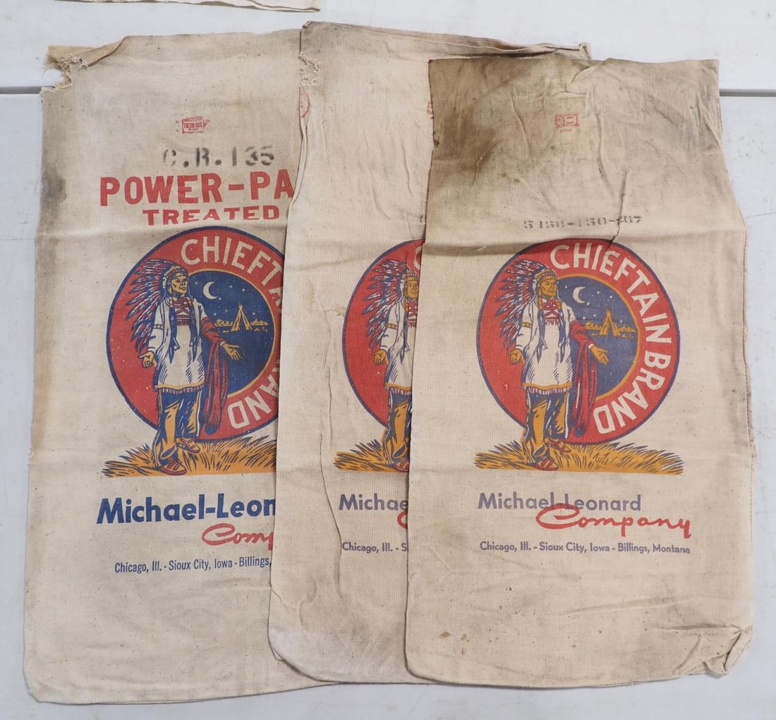 (2) Cloth seed bags: (2) Cloth seed bags for Chieftain Brand with colorful Indian graphics - Great