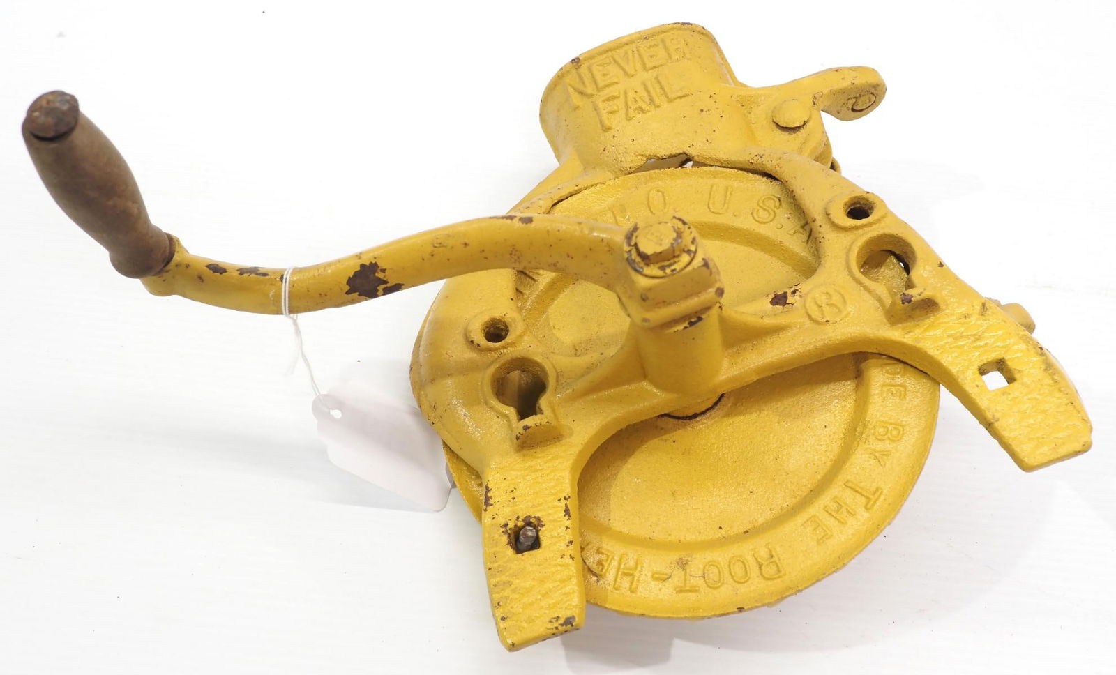 Never Fail box-mount corn sheller: Never Fail box-mount corn sheller made by The Root-Heath Mfg Co., Plymouth, O. - Good