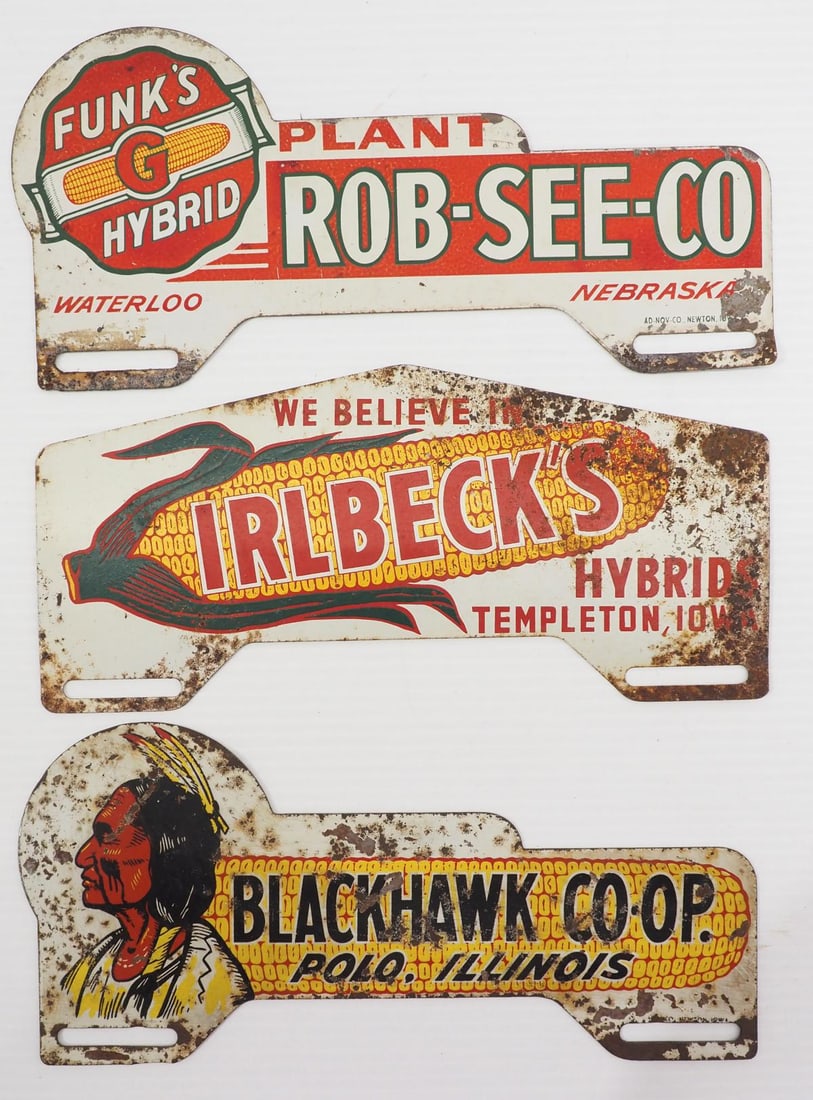 (3) Tin seed corn license plate toppers (1 of 2)