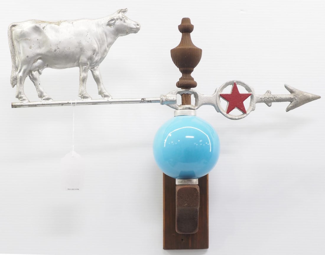 Zinc cow lightning rod weathervane: Zinc cow lightning rod weathervane with blue glass ball, weathervane is 22.25"L