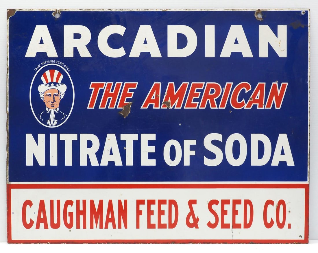 Arcadian Nitrate of Soda dealer sign: 36"x28" DSP Arcadian Nitrate of Soda dealer sign for Caughman Feed & Seed Co. - Very Good with some chips on face & at edges