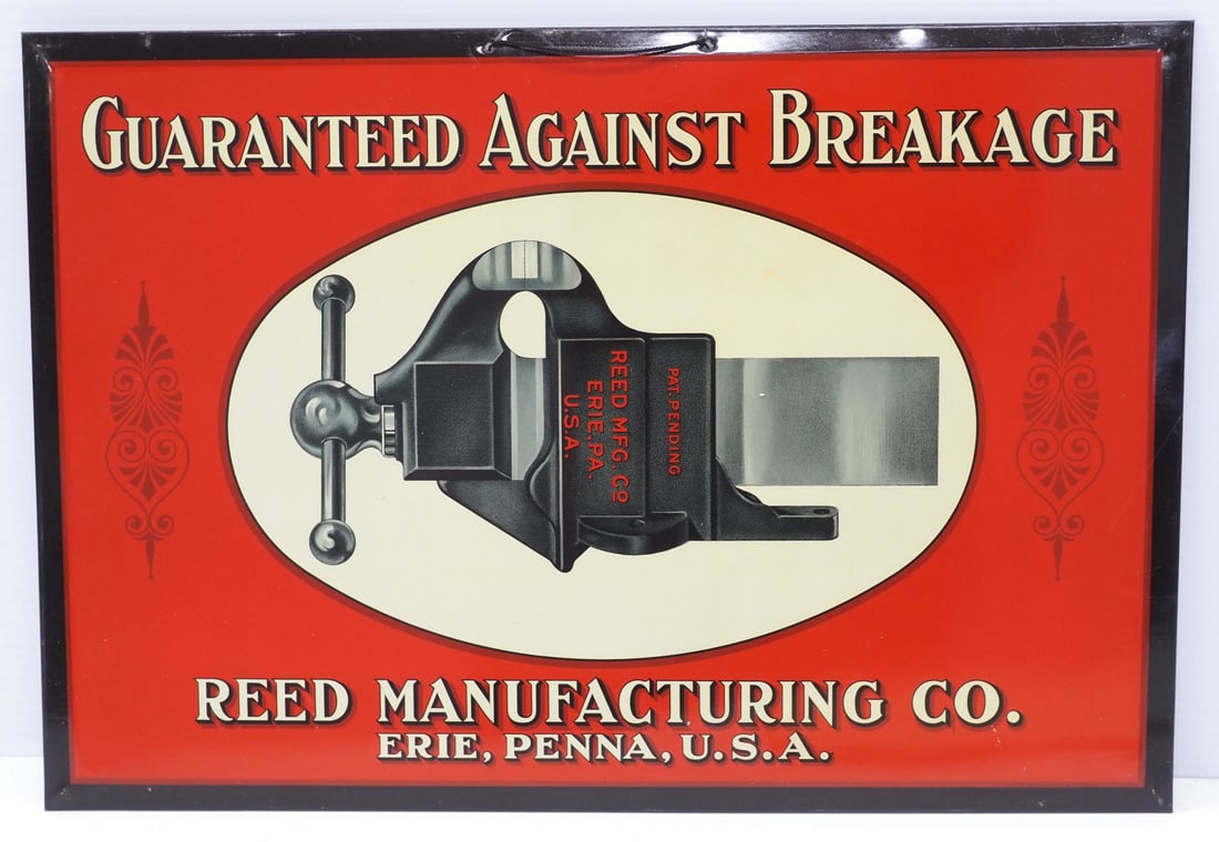 Reed Manufacturing Co. sign: 19"x13" tin over cardboard Reed Manufacturing Co. sign showing vise illustration, with original paper - Excellent