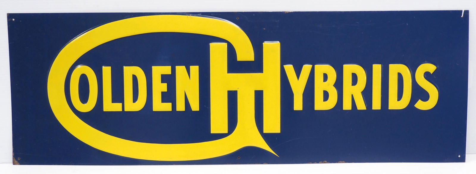 Golden Hybrids sign: 36"x12" SST embossed Golden Hybrids sign - Very Good with some scratches