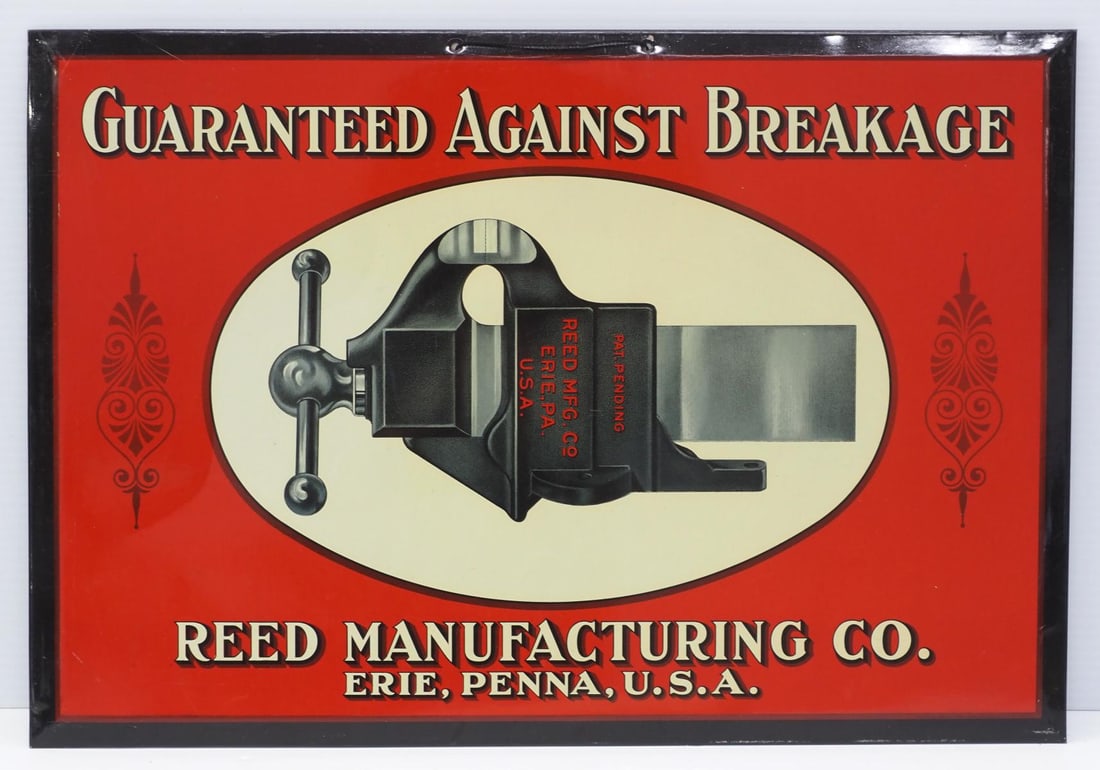 Reed Manufacturing Co. sign: 19"x13" tin over cardboard Reed Manufacturing Co. sign showing vise illustration - Great