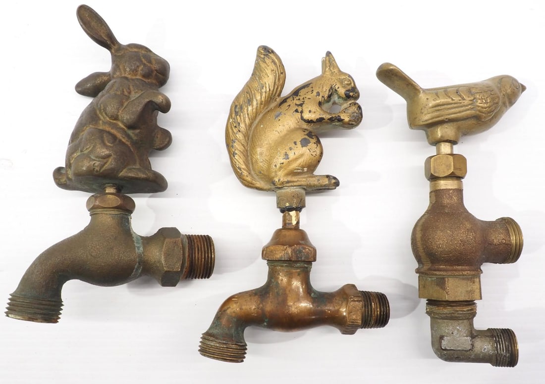 (3) Brass faucets: (3) Brass faucets with decorative handles: Bird / Squirrel / Rabbit