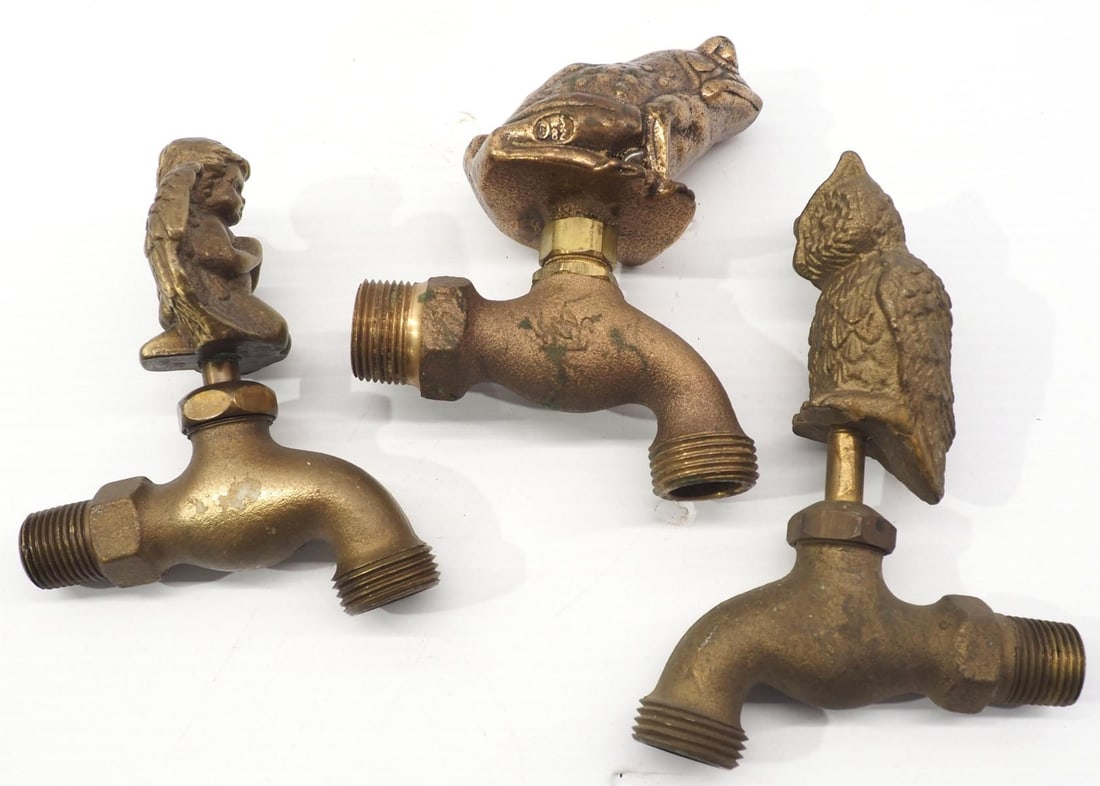 (3) Brass faucets: (3) Brass faucets with decorative handles: Angel / Owl / Frog