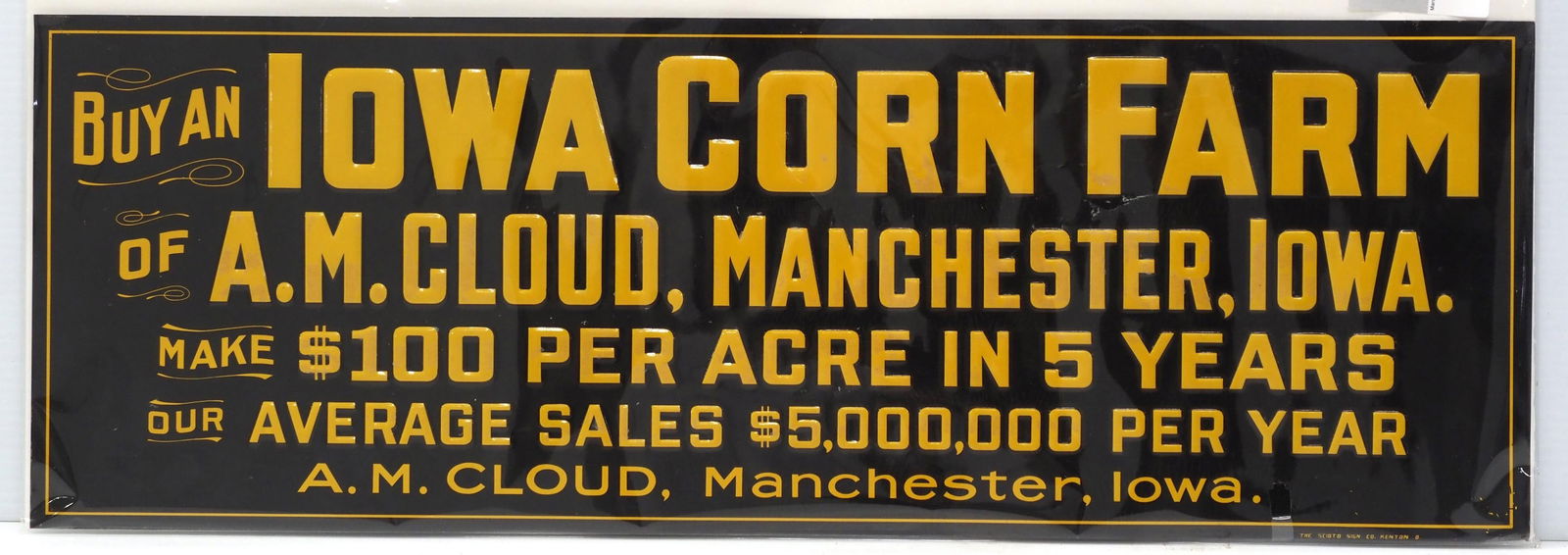 Iowa Corn Farm sign: NOS 28"x9.5" SST Iowa Corn Farm sign - Near Mint