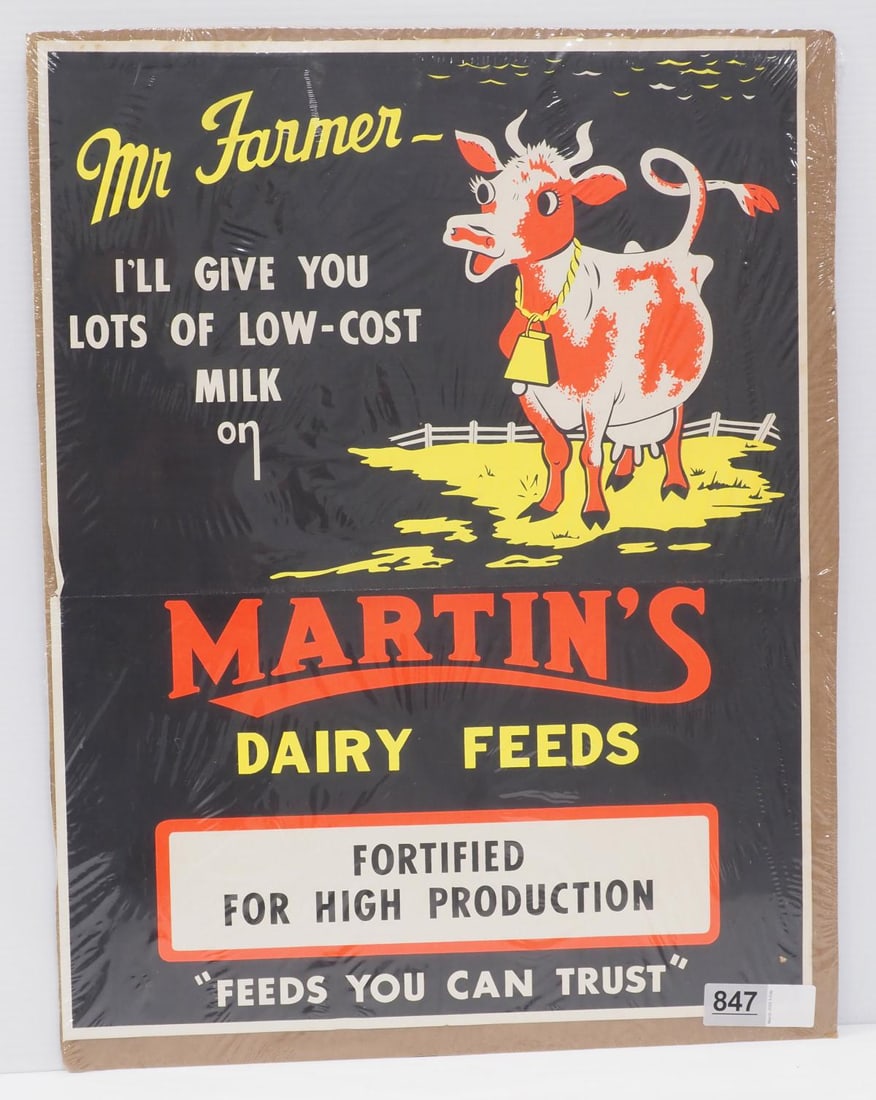 Martin's Dairy Feeds advertisement: 17.5"x22.5" paper Martin's Dairy Feeds advertisement with cow graphic - Great with 1 fold