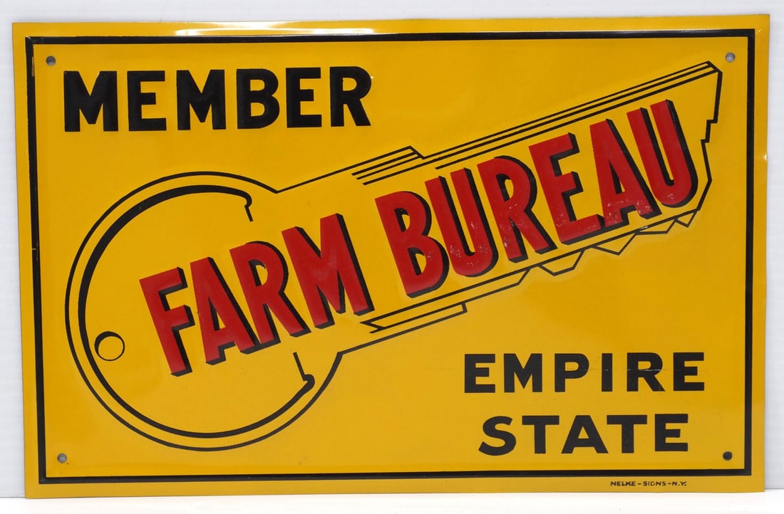 Farm Bureau Member, Empire State sign: 12.5"x8" SST embossed Farm Bureau Member, Empire State sign, marked Nelke Signs NY - Excellent
