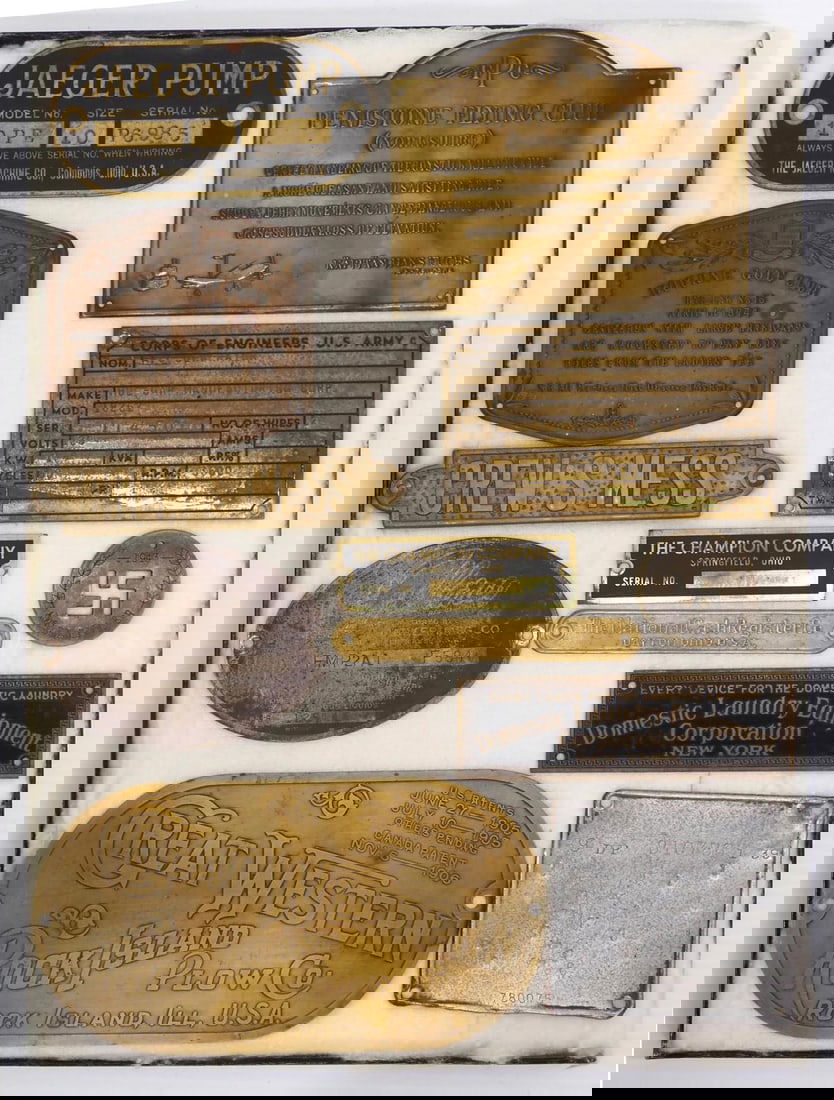Assorted brass plates: Assorted brass plates including Rock Island Plow Co., Jaeger Pump, Bourne Golf Club, National Cash Register and more, frame measures 12"x16"