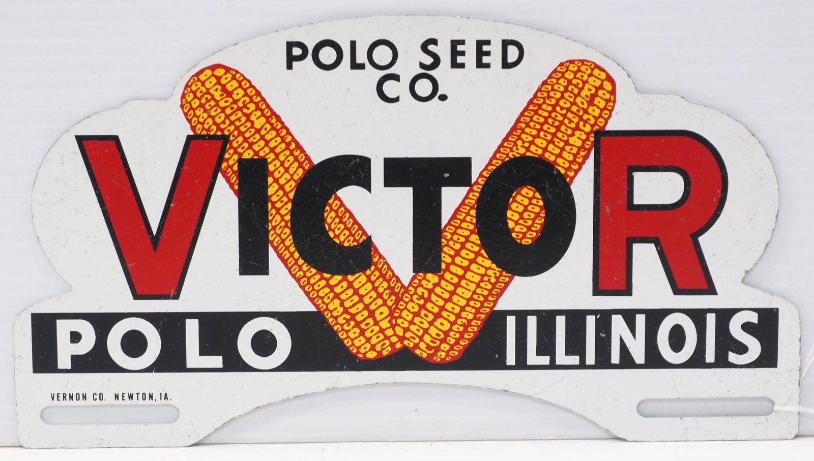 Victor, Polo Seed Co. tin license plate topper: Victor, Polo Seed Co. tin license plate topper, marked Vernon Co.